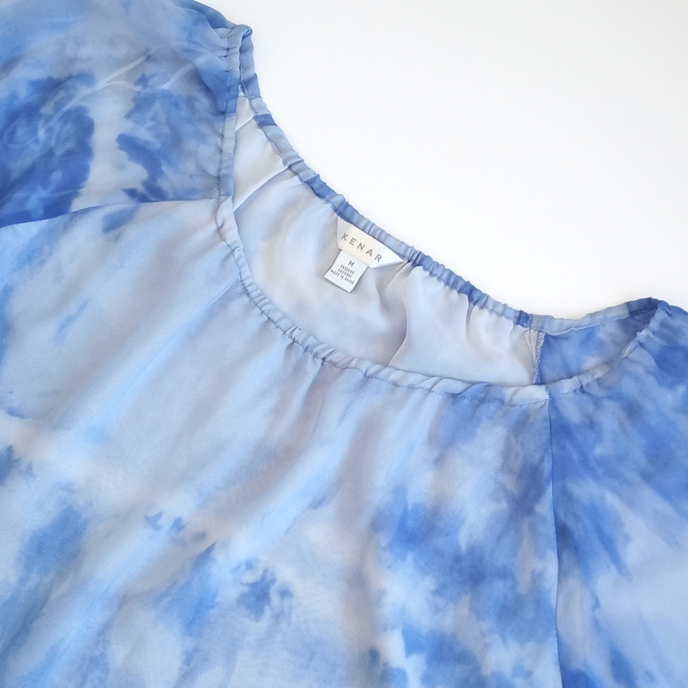 Kenar Women's Sky Blue White Tie Dye 3/4 Balloon Sleeve Semi Sheer Blouse M - Picture 3 of 9